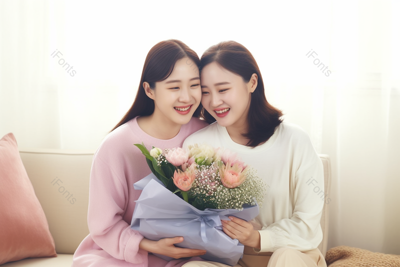 温柔年轻女儿送花拥抱母亲,高清,摄影图,摄影图片,图片大全,摄影图免费下载